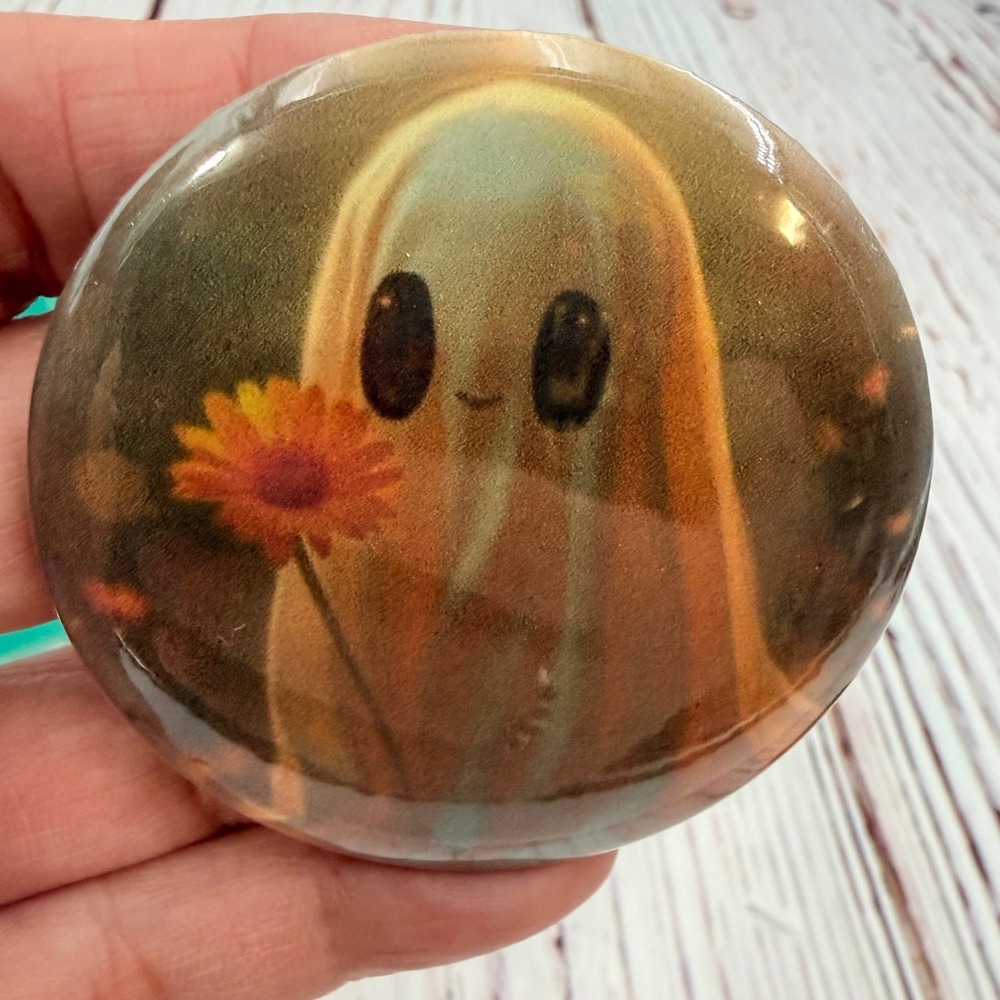 Handmade Cute Ghost with Flower Magnet Spooky Halloween Decor 2.25 Inch Round